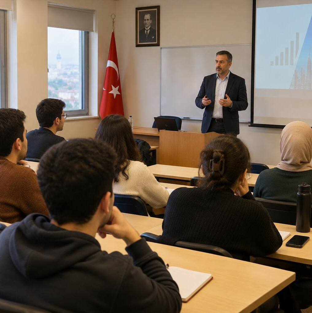 Lecture room with people listening to a presenter