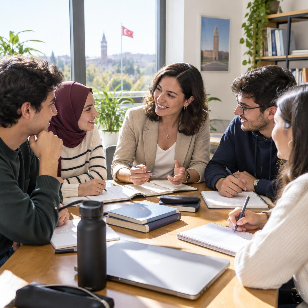 Group of young colleagues discussing around a table