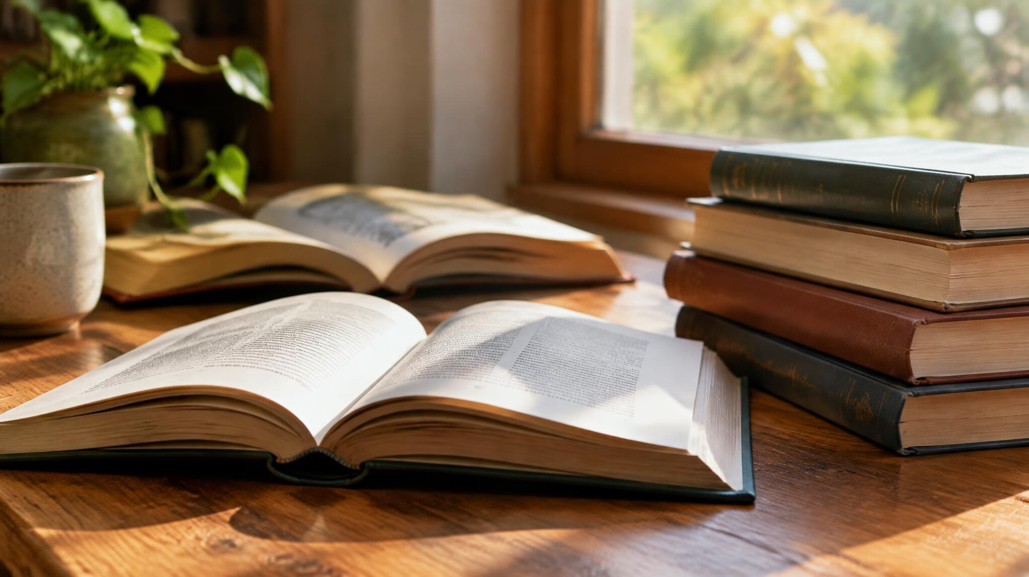 Open books stacked on a table in warm light