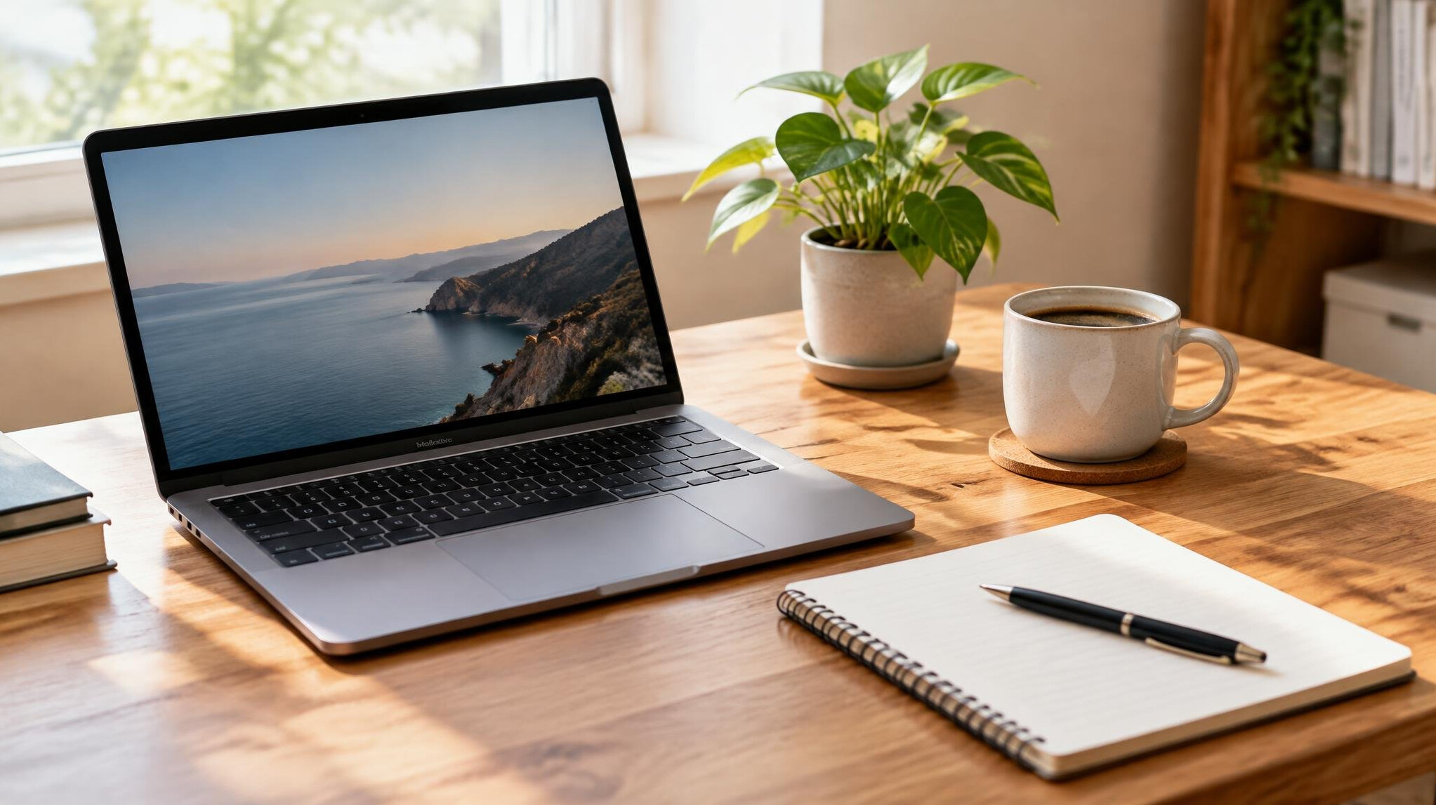 Desk with laptop notebook and coffee