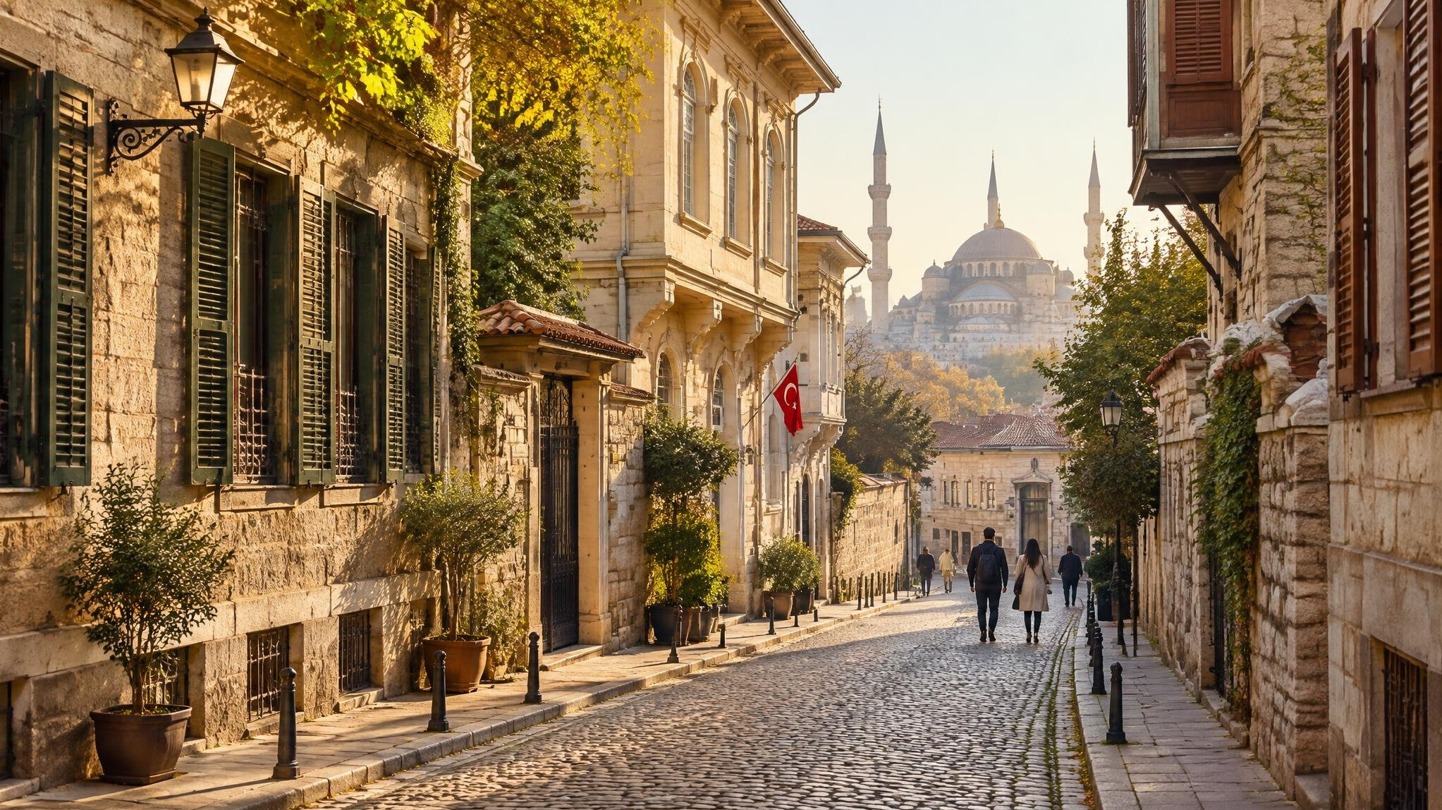 Historic street in Istanbul with old stone buildings and pedestrians