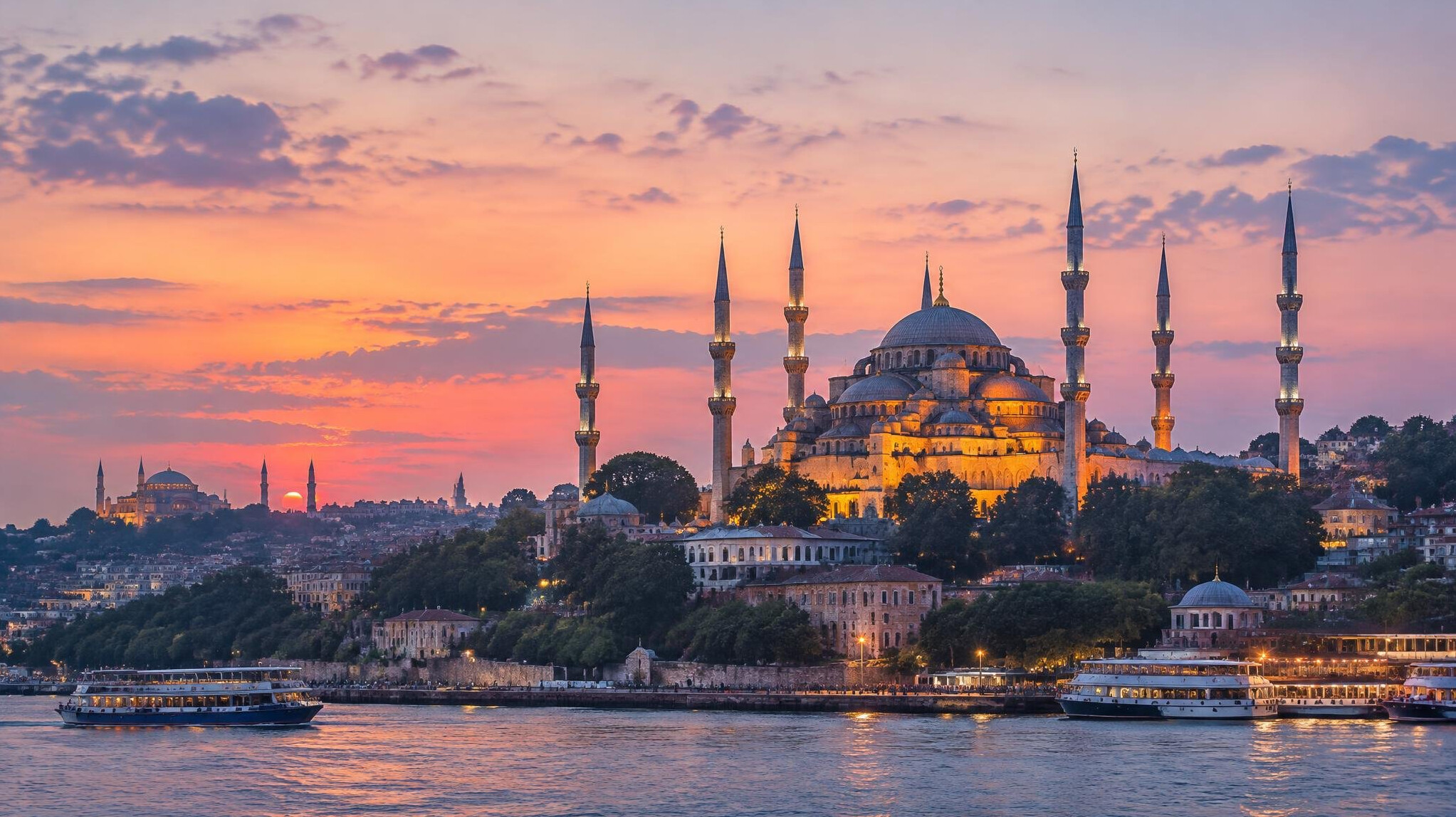 Historic mosque dome and minarets in Istanbul at dusk